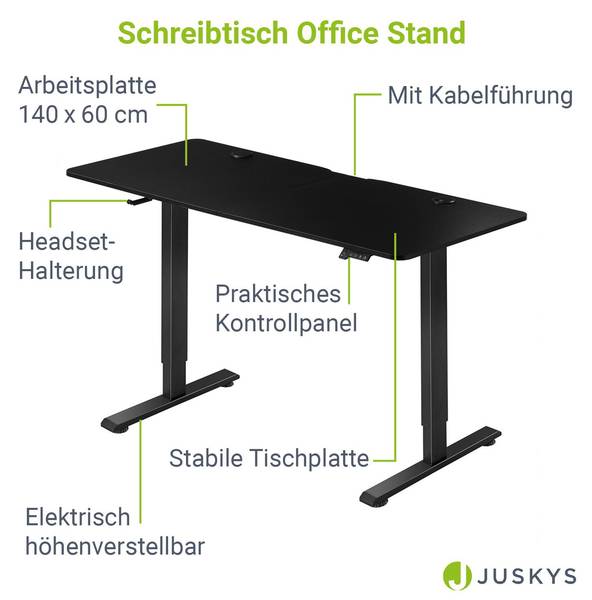 Schreibtisch Office höhenverstellbar Schwarz - Breite: 140 cm