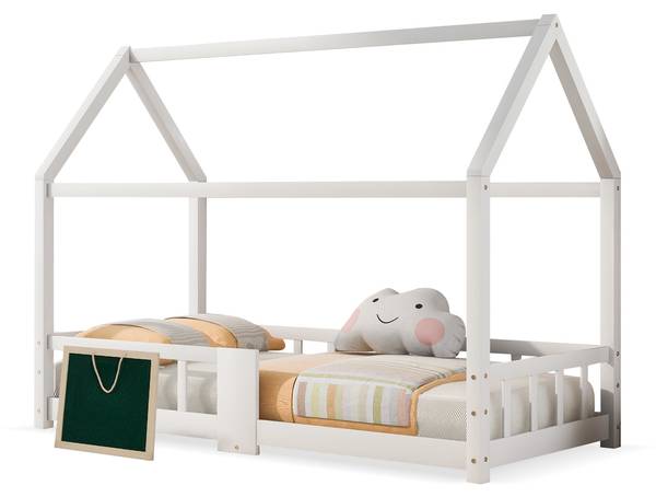 Hausbett Spielbett mit Tafel Karle Ⅰ Ebenholz Dekor - Holz - Weiß - Eiche Weiß Dekor