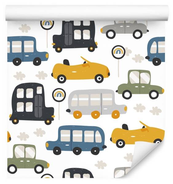 Kinderbehang AUTO'S Verkeersborden blauw - grijs - groen - wit - vlies - 53 x 1000 x 1000 cm