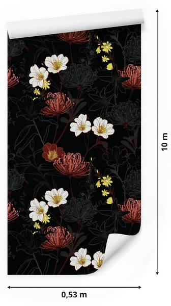 Papier Peint FLEURS Plantes Nature Noir - Gris - Rouge - Blanc - Polaire - 53 x 1000 x 1000 cm