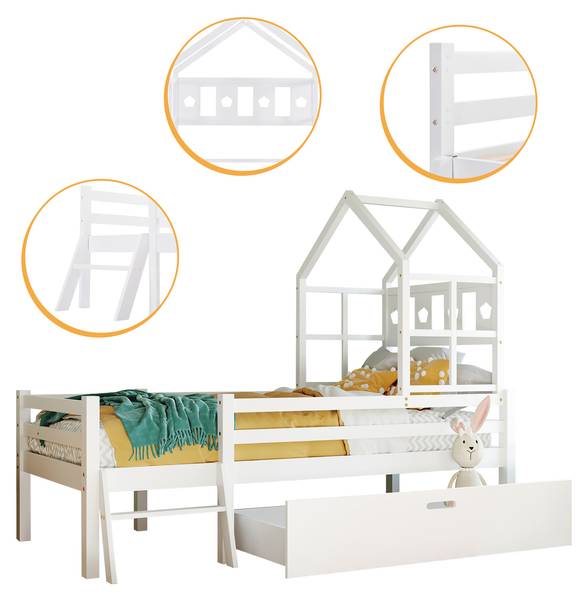 Hausbett Kinderbett Pontus Ⅳ Weiß - Kiefer - Stahl - 97 x 159 x 207 cm