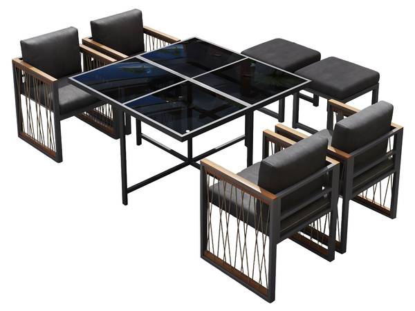 Gartenmöbelset Hephaestus 7-tlg Schwarz - Braun - Polyester - Webstoff - Akazie - Eisen - 158 x 74 x 230 cm