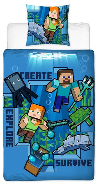 Bettwäsche Minecraft Blau - Weiß - Textil - 135 x 200 x 1 cm