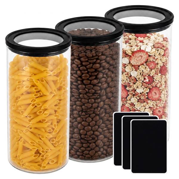 Vorratsgläser 3er Set 1200 ml Schwarz - Glas - Kunststoff - 10 x 18 x 10 cm