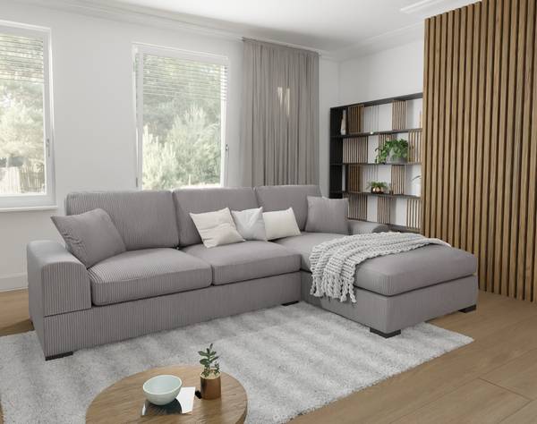 Eira Cord Ecksofa mit Schlaffunktion Hellgrau - Ecke davorstehend rechts