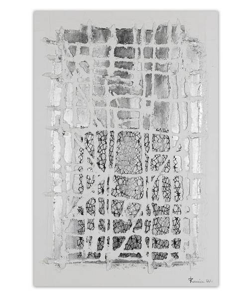 Acrylbild Handgemalt Geometrisch Fez Silber - Weiß - Baumwollstoff - 60 x 90 x 4 cm