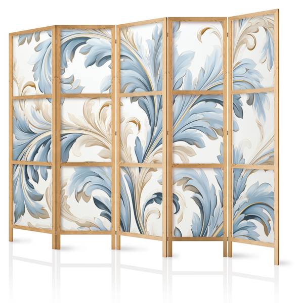 Paravent Ornament Natur 5-tlg Beige - Blau - Grau - Weiß - Holzwerkstoff - Textil - 225 x 172 x 3 cm