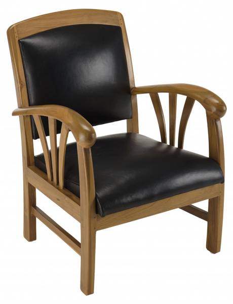 Fauteuil en teck et cuir noir Noir - Bois massif - 60 x 82 x 60 cm