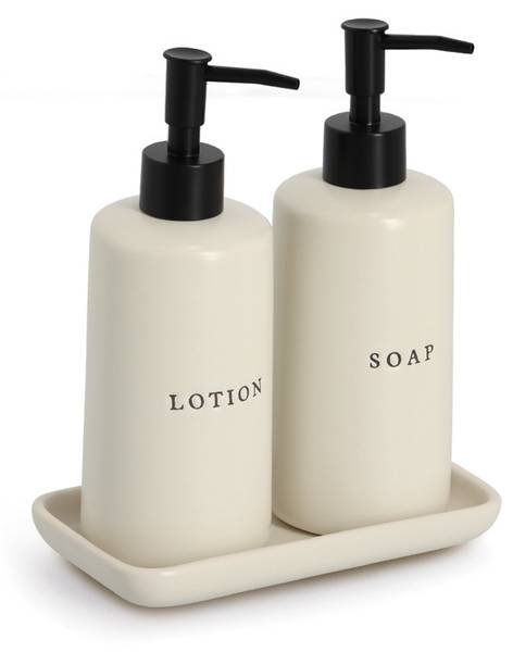 Seifen-/Lotionspender-Set, 3-tlg Beige - Keramik - 10 x 22 x 18 cm