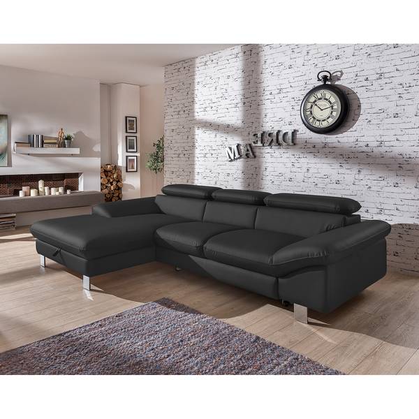 Ecksofa Waiho mit Longchair Kunstleder Piera: Schwarz - Longchair davorstehend links - Ohne Schlaffunktion