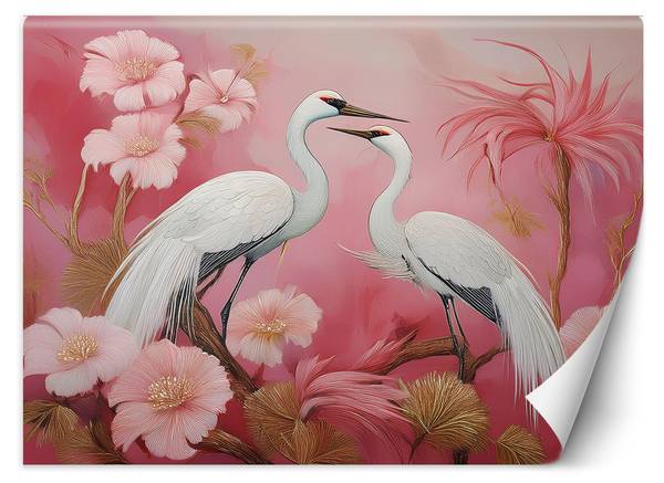 Fotobehang kraanvogels vogels bloemen 200 x 140 cm