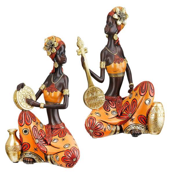 African Beat Sitzende Frauen im 2er-Set Braun - Gold - Rot - Kunststoff - 15 x 22 x 10 cm