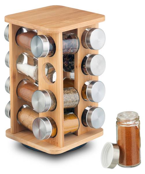 Gewürzkarussell mit 16 Gewürzgläsern Braun - Silber - Bambus - Glas - Metall - 17 x 27 x 17 cm