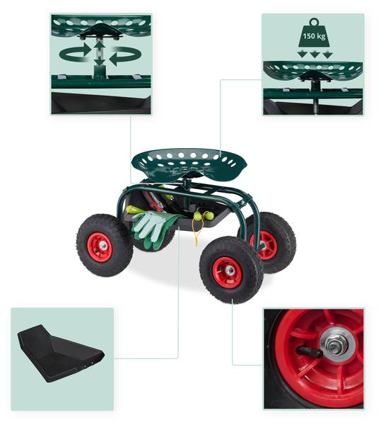 Siège roulant de jardin avec rangement Noir - Vert - Rouge - Acier - 42 x 54 x 81 cm