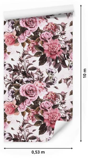 Tapete Rosen PFINGSTROSEN Blumen Natur Grün - Pink - Weiß - Fleece - 53 x 1000 x 1000 cm