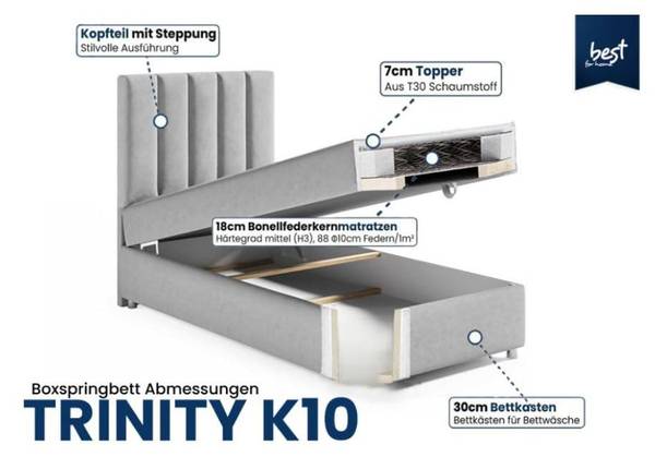 BOXSPRINGBETT Trinity K10 Single Creme - Breite: 90 cm
