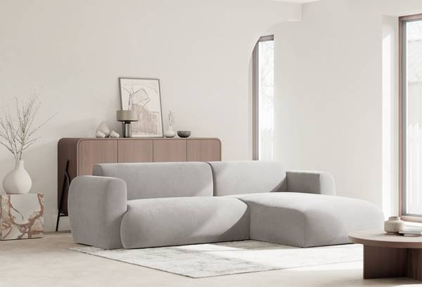 Hoekbank EMIA lichtgrijs - hoek vooraanzicht rechts - ottomane vooraanzicht rechts