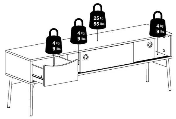 Table TV Elly Blanc - En partie en bois massif - 154 x 53 x 39 cm
