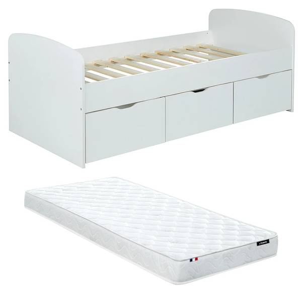 Set Bett + Matratze LOUANE Weiß - Holz teilmassiv - 193 x 75 x 95 cm