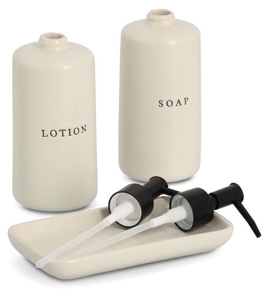 Seifen-/Lotionspender-Set, 3-tlg Beige - Keramik - 10 x 22 x 18 cm