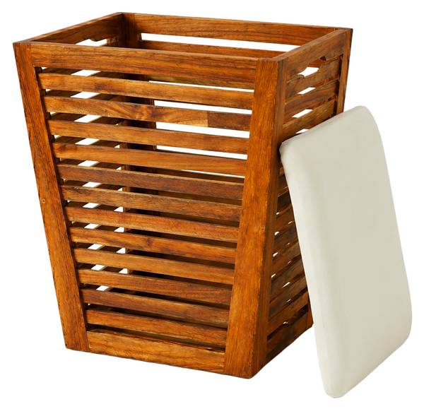 Wäschekorb aus Akazienholz mit Sitz Braun - Weiß - Holzwerkstoff - Textil - 40 x 56 x 40 cm
