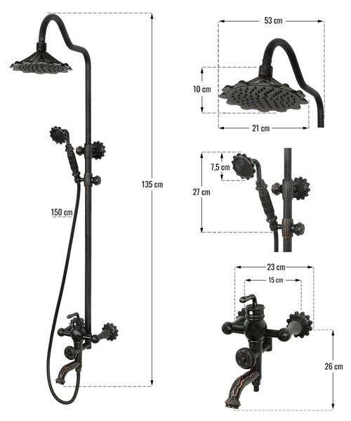 Douchesysteem Flower zwart - messing - 23 x 135 x 53 cm