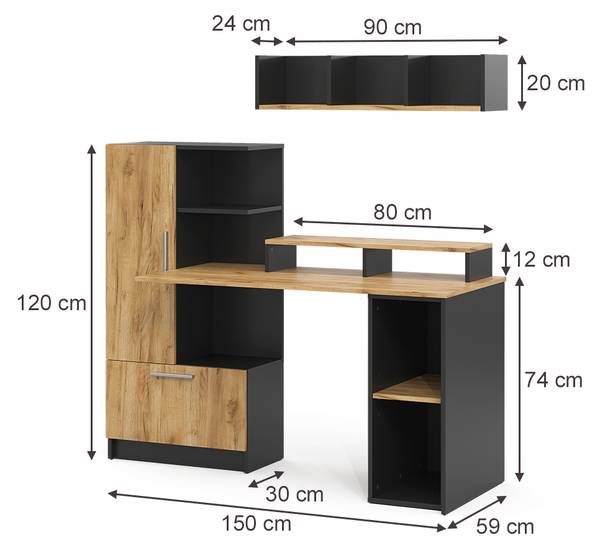 Schreibtisch Tomy 59188 4er Set Anthrazit - Eiche Dekor