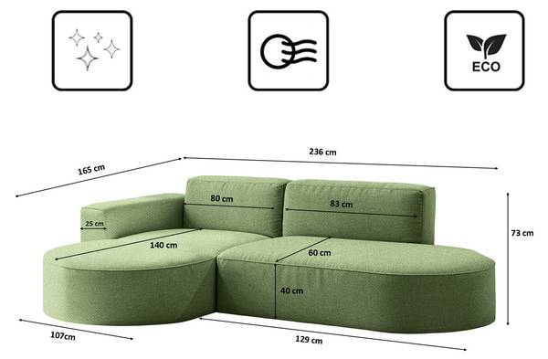 Ecksofa Modena Falten Grün - Massivholz - 165 x 78 x 236 cm