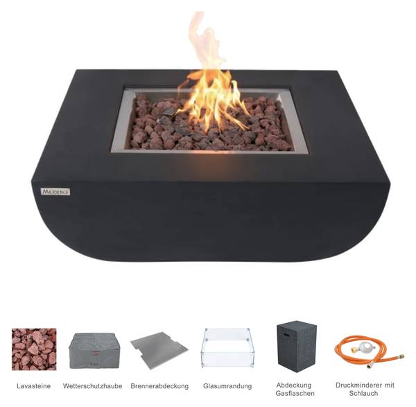 Aurora Gasfeuertisch - 4-tlg. Set Schwarz - Naturfaser - 86 x 36 x 86 cm
