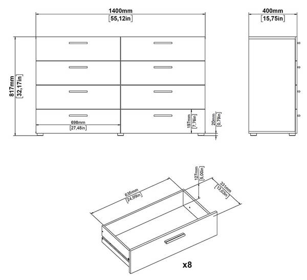 Ladekast Pepe wit - deels massief hout - 140 x 82 x 40 cm