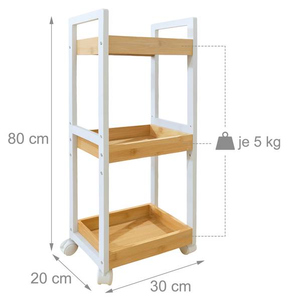 Chariot en bambou 3 étagères Marron - Blanc - Bambou - Bois manufacturé - 30 x 80 x 20 cm