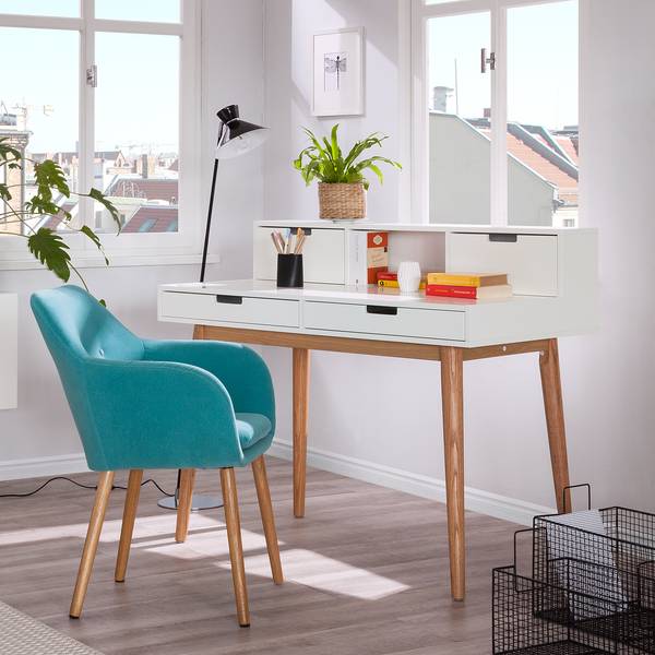 Schreibtisch LINDHOLM Eiche teilmassiv - Weiß / Eiche - Weiß