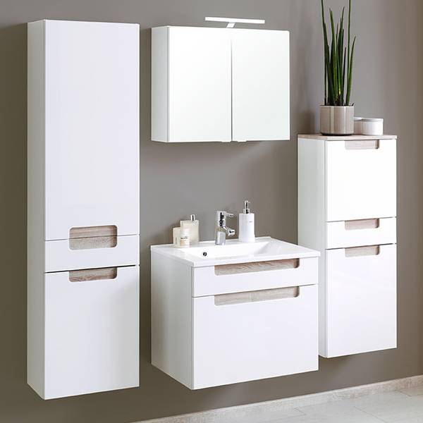 Mobile sottolavabo Laris I Bianco lucido / Effetto rovere Sonoma - Bianco lucido / Effetto quercia