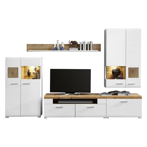 Woonwand Aulby I (5-delig) incl. verlichting - mat wit / eikenhouten look - wit