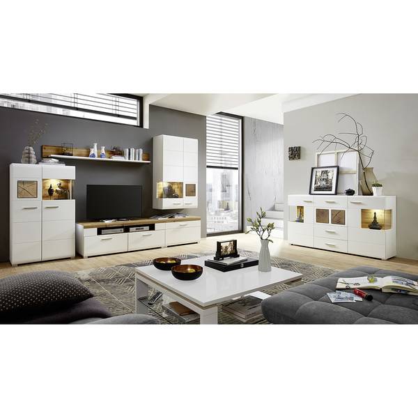 Woonwand Aulby I (5-delig) incl. verlichting - mat wit / eikenhouten look - wit