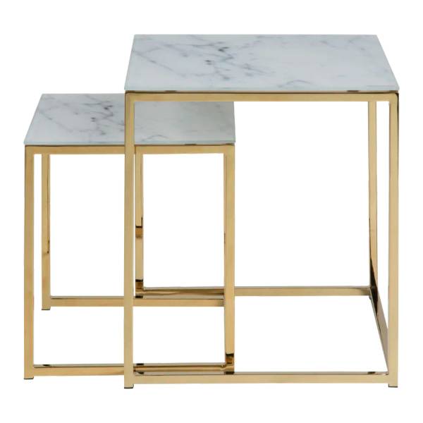 Couchtisch Katori (2er-Set) Glas / Eisen - Marmor Weiß Dekor / Gold