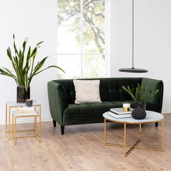 Couchtisch Katori (2er-Set) Glas / Eisen - Marmor Weiß Dekor / Gold