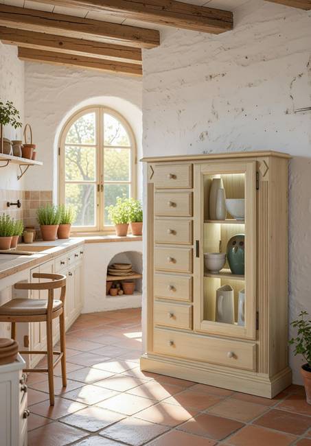 Vitrinenschrank I 95 x 131 x 47cm Beige Pinie massiv - mit Beleuchtung