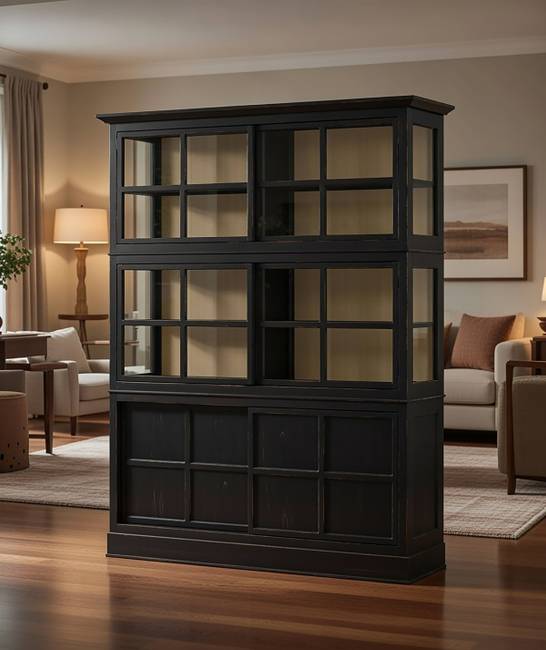 Vitrinenschrank 191 x 220 x 49cm Schwarz/Schwarz/Pinie Creme