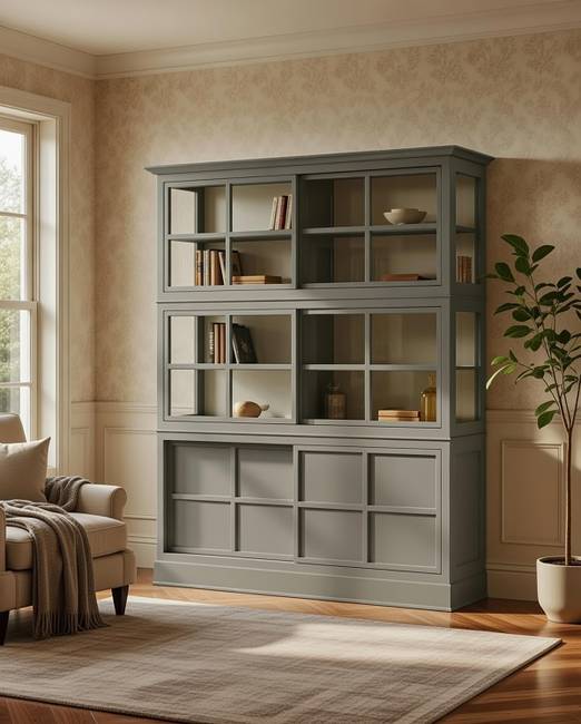 Vitrinenschrank 191 x 220 x 49cm Grau/Granit/Pinie Creme