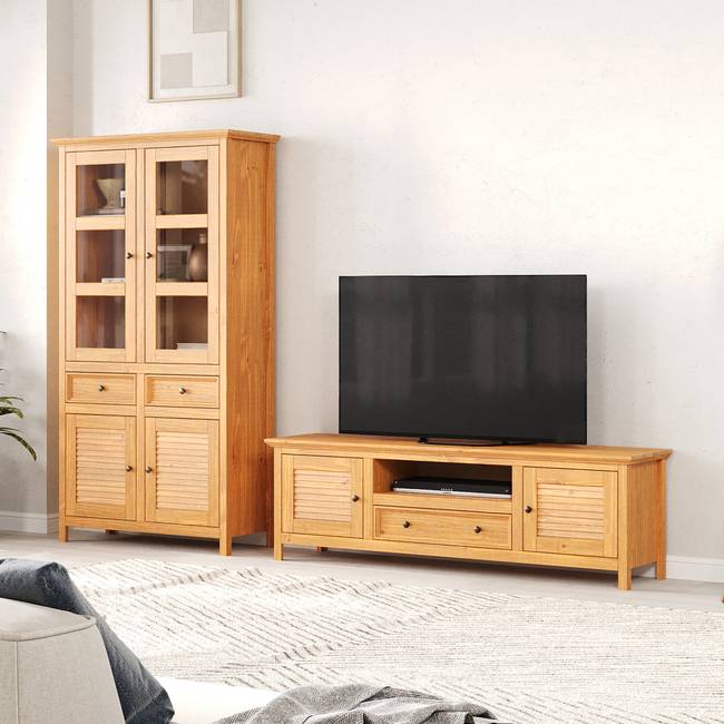 Massiver Vitrinenschrank 107 x 195 x 42cm Braun/Kiefer
