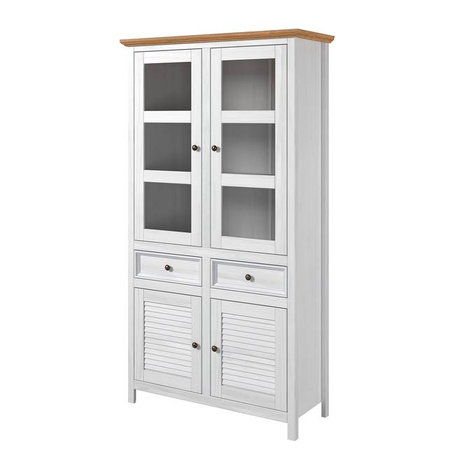 Massiver Vitrinenschrank 107 x 195 x 42cm Weiß/Kiefer Weiß