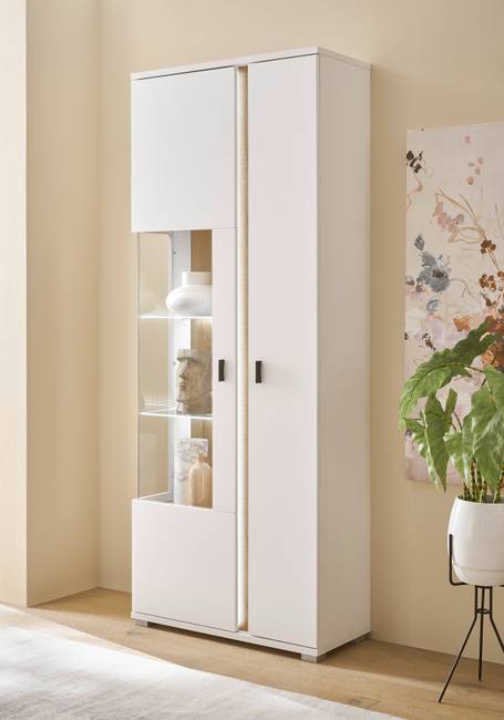 Beleuchteter Vitrinenschrank 80 x 200 x 35cm Glastür links Weiß/Weiß/Eiche Dekor