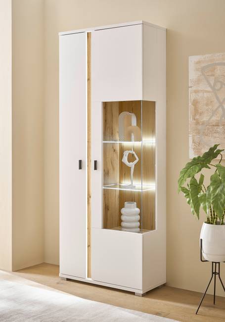 Beleuchteter Vitrinenschrank 80 x 200 x 35cm Glastür rechts Weiß/Weiß/Eiche Dekor