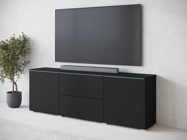 Beleuchtetes TV-Lowboard Spanplatte, beschichtet Schwarz/Matt Schwarz 180 x 62 x 35cm