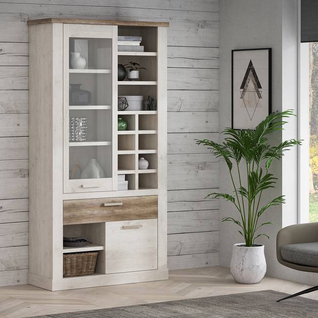 Vitrinenschrank 108 x 212 x 41cm Braun/Weiß/Beige