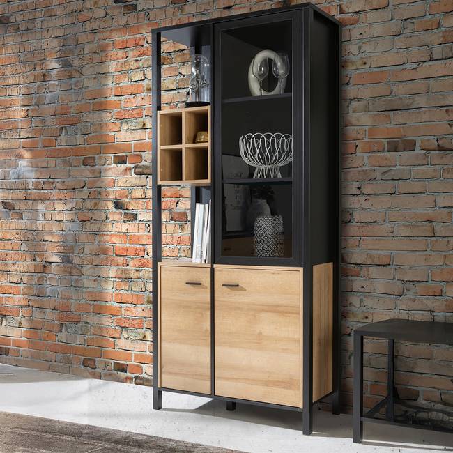 Vitrinenschrank mit Fächern 86 x 194 x 40cm Schwarz/Braun