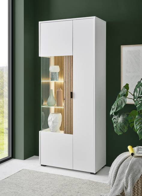 Vitrinenschrank 75 x 180 x 38cm Glastür links Weiß/Weiß/Eiche Evoke Dekor