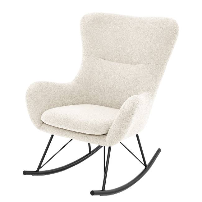 Schaukelsessel mit Metallkufe Weiß/Beige/Creme Teddystoff Schwarz 75 x 97 x 82cm