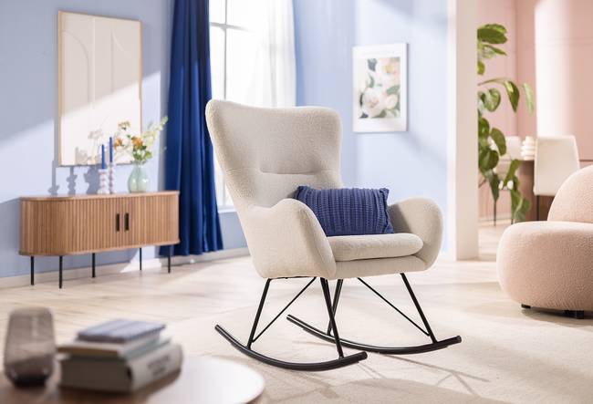 Schaukelsessel mit Metallkufe Weiß/Beige/Creme Teddystoff 75 x 97 x 82cm
